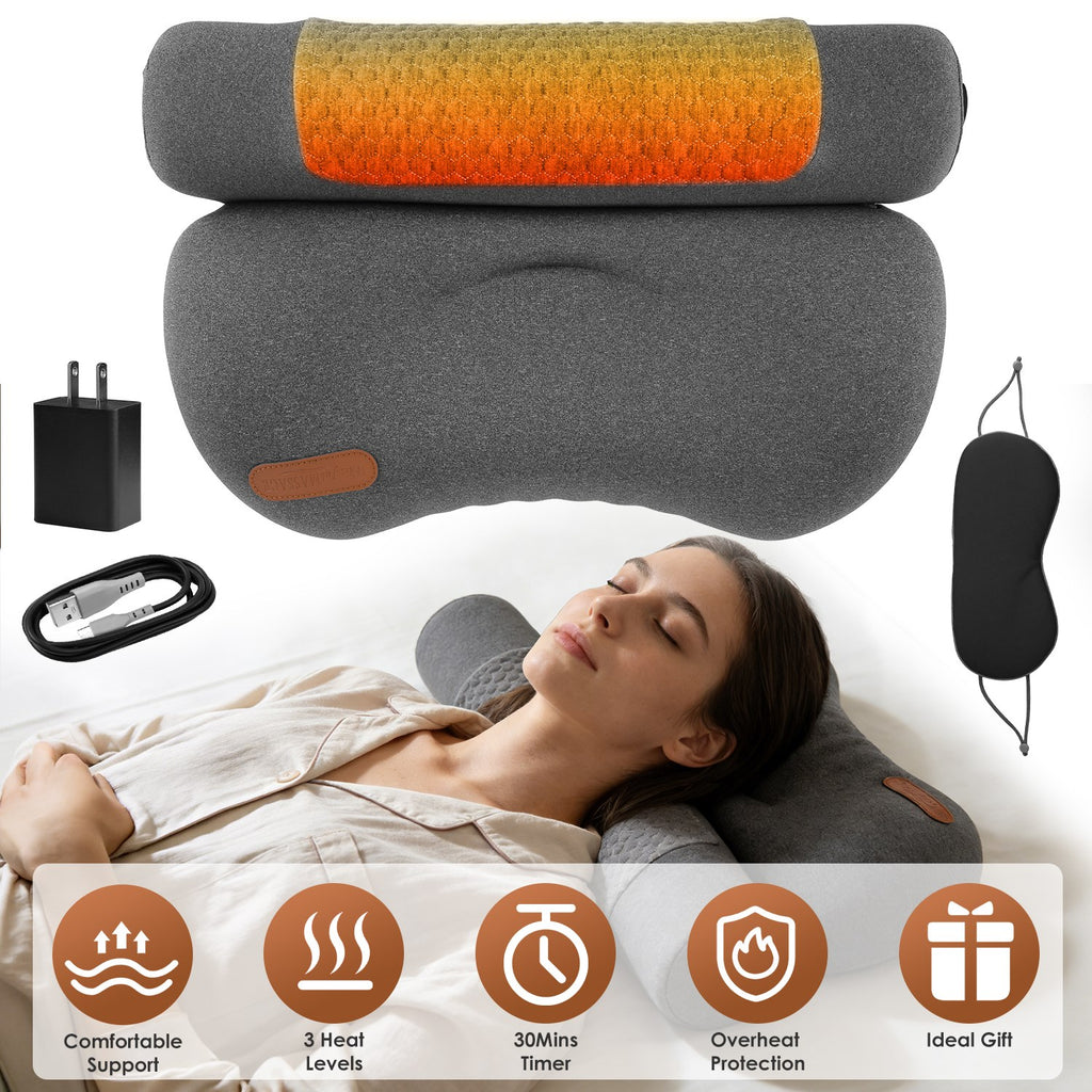 Heated Neck Pillow with 3 Heat Levels, 55D Memory Foam Cervical Pillow for Neck Pain Relief, 30 Mins Auto Off Heating Pillow for Home Office Travel, Zero Pressure Memory Foam Neck Support Pillow with Auto Shut Off & Overheat Protection
