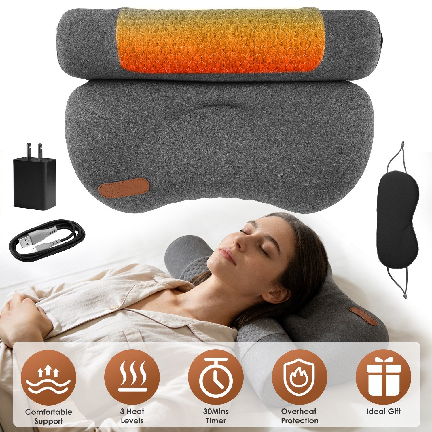 Heated Neck Pillow with 3 Heat Levels, 55D Memory Foam Cervical Pillow for Neck Pain Relief, 30 Mins Auto Off Heating Pillow for Home Office Travel, Zero Pressure Memory Foam Neck Support Pillow with Auto Shut Off & Overheat Protection