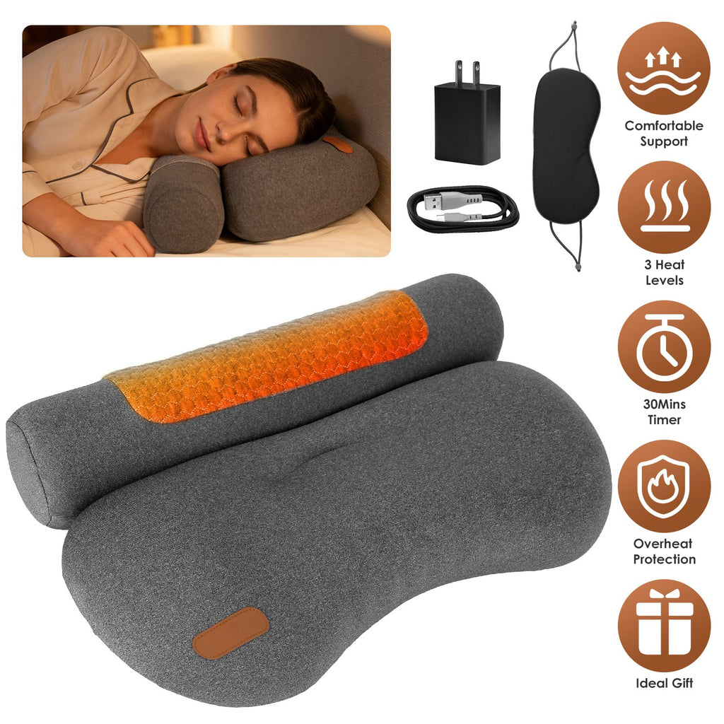 Heated Neck Pillow with 3 Heat Levels, 55D Memory Foam Cervical Pillow for Neck Pain Relief, 30 Mins Auto Off Heating Pillow for Home Office Travel, Zero Pressure Memory Foam Neck Support Pillow with Auto Shut Off & Overheat Protection