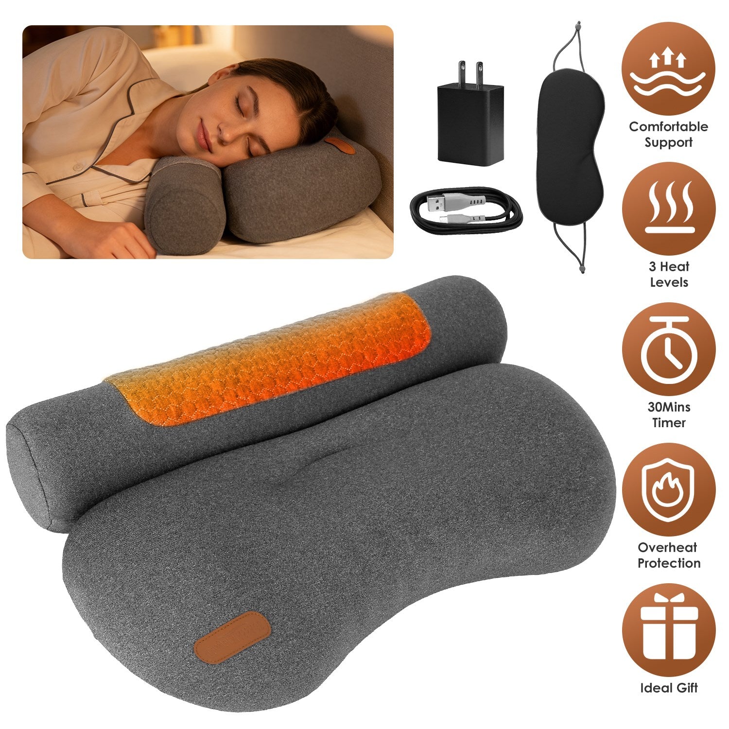 Heated Neck Pillow with 3 Heat Levels, 55D Memory Foam Cervical Pillow for Neck Pain Relief, 30 Mins Auto Off Heating Pillow for Home Office Travel, Zero Pressure Memory Foam Neck Support Pillow with Auto Shut Off & Overheat Protection