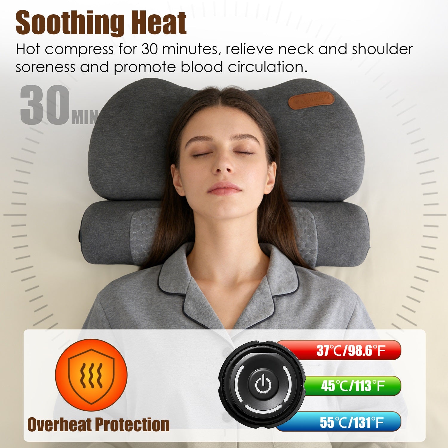 Heated Neck Pillow with 3 Heat Levels, 55D Memory Foam Cervical Pillow for Neck Pain Relief, 30 Mins Auto Off Heating Pillow for Home Office Travel, Zero Pressure Memory Foam Neck Support Pillow with Auto Shut Off & Overheat Protection